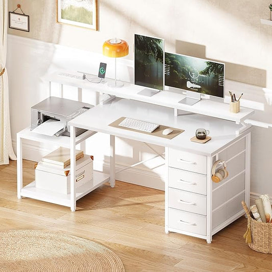 ODK 55 Inch Computer Desk with 4 Drawers, Office Desk with Power Outlets, Printer Shelf & Storage Shelves, Large Writing Study Table for Home, Bedroom, Study or Gaming Setup, White