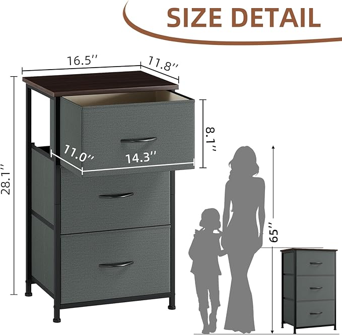 Somdot Dresser for Bedroom with 3 Drawers, Storage Organizer Chest of Drawers with Removable Fabric Bins for Closet Bedside Living Room Laundry Entryway Hallway, Charcoal Grey