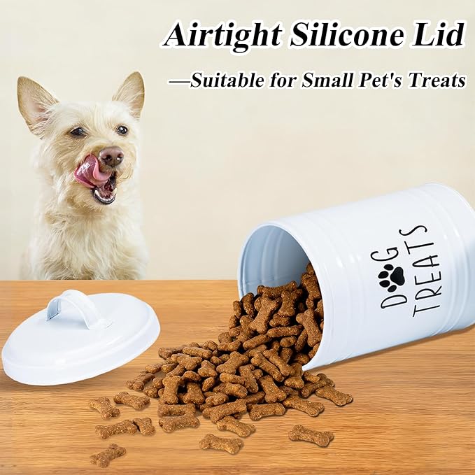 Dog Treat Container Airtight, Dog Treat Jar with Lid - 9x5.5'' Metal Dog Cookie Jar for Farmhouse Kitchen Counter, White Pet Treat Container, Dog Treat Storage Container for Dogs, Cats
