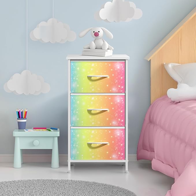 Sorbus Nightstand with 3 Drawers - Bedside Furniture & Accent End Table Chest for Home, Bedroom Accessories, Office, College Dorm, Steel Frame, Wood Top, Pastel Fabric Bins