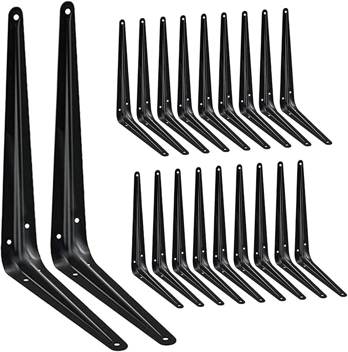 20 Pack Shelf Brackets 10 Inch, Heavy Duty Black Metal Floating Shelf Bracket, Rustic Farmhouse Decorative Iron L Bracket, J Brackets Wall Angel Corner Brace for Wood Shelves