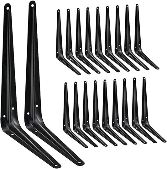 20 Pack Shelf Brackets 10 Inch, Heavy Duty Black Metal Floating Shelf Bracket, Rustic Farmhouse Decorative Iron L Bracket, J Brackets Wall Angel Corner Brace for Wood Shelves