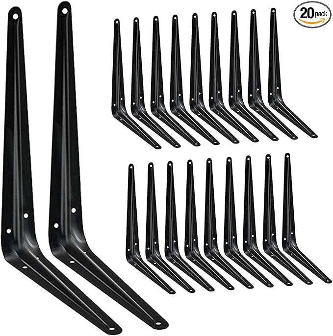 20 Pack Shelf Brackets 12 inches, Heavy Duty Black Iron Metal Floating Shelf Bracket, Rustic Farmhouse Decorative L Brackets for Shelves, Wall Mount Corner Brace for Wood Boards