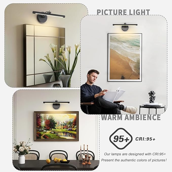 Hardwired Picture Light - Dimmable Adjustable Swing Arm Black Wall Lights for Pictures - 15.75 Inch Long LED Display Light for Artwork - 7W 3000K