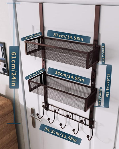 Consumest Over The Door Hooks Organizer - Extra Long Door Hanger with 9 Coat Hooks & 2 Mesh Basket, Back Storage Organizer Hanging Towels for Bathroom, Bedroom, Bronze (for 1.76in Doors)