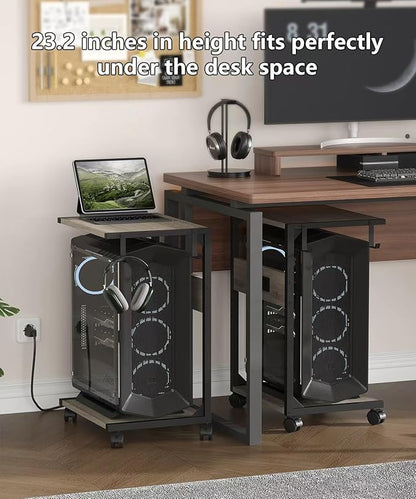 2 Tier Computer Tower Stand with Charging Station, 11.8" D x 16.5" W Rolling Floor PC Tower Stand Fits Under Desk, CPU Holder Cart for Carpet with Hooks, C Shaped End Table for Home Office