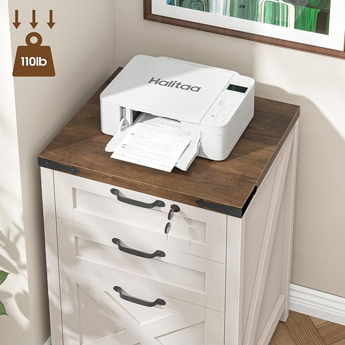 3 Drawer Small File Cabinet with Lock, Farmhouse Vertical Filing Cabinet Fits Letter and A4 Size, Under Desk Wooden File Cabinets for Home Office, Printer Stand, Rustic White