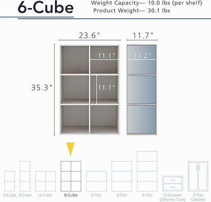 Homes: Inside + Out Apexa 6-Cube Storage Organizer Shelves, Stackable Wood Bookcase Fits Cubby Bins for Organization, Dorm Teen Room Decor & Home Office, Taupe Grey