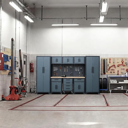 Garage Storage Cabinet System 9-Pcs Workshop Set Garage Cabinets and Storage System with Steel Drawers, Rolling Chest, Workbench, Pegboard for Tool Organization