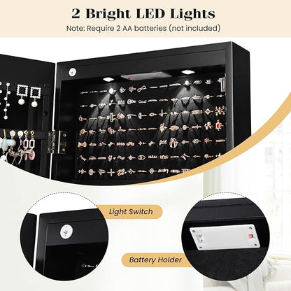 Giantex Wall Door Mounted Jewelry Armoire Cabinet with 47.5" H Full Length Mirror, 2 LEDs Lockable Jewelry Organizer Box with Bracelet Rod, 2 Drawers, Large Storage Capacity (Black)