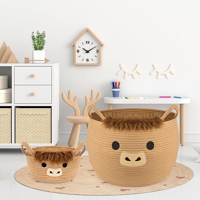 Highland Cute Cow Basket Set for Nursery, Woven Storage Cotton Rope Basket, Baby Blanket 0rganizer with Ears Handles, Blanket Towel Decor Toy Clothes Gifts Storage Cat Dog Bin, Pack of 2