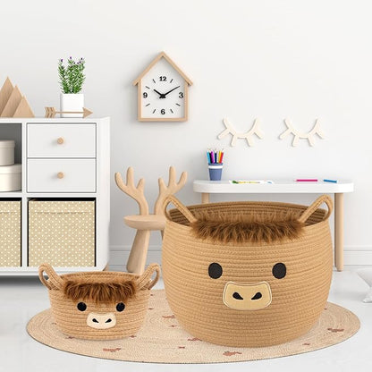Highland Cute Cow Basket Set for Nursery, Woven Storage Cotton Rope Basket, Baby Blanket 0rganizer with Ears Handles, Blanket Towel Decor Toy Clothes Gifts Storage Cat Dog Bin, Pack of 2