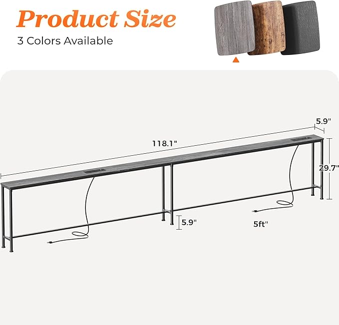 SUPERJARE 118.1 Inch Sofa Table with 2 Power Outlets and USB-C Port, 5.9 Inch Narrow Console Table with Storage, Extra-Long, for Entryway Hallway Couch Behind Sofa, Small Spaces, Charcoal Grey