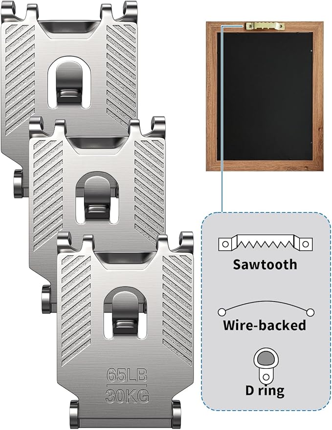 65 lb Drywall Picture Hangers Claw: 8 Pack Heavy Duty Damage Free Wall Picture Hanging Hooks - Art Mirror Photo Painting Frame Sawtooth Wire D Ring Hanger Kit for Room Office Decor