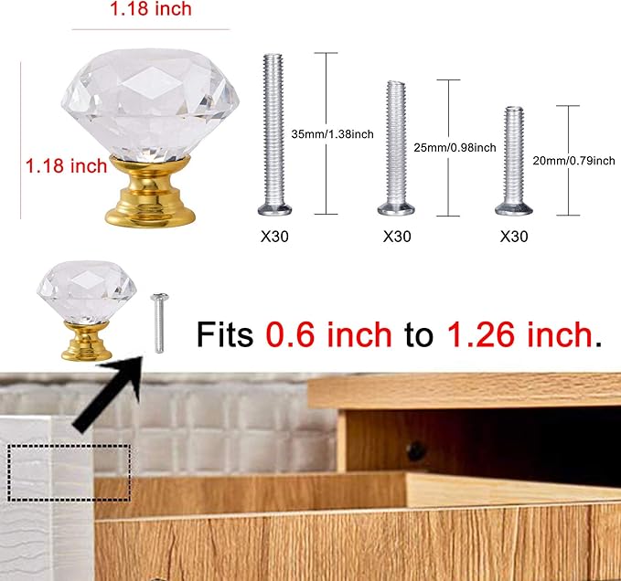 YourGift 30 Pack Drawer Knobs Diamond Shaped Crystal Glass 30mm Cabinet Knobs Pull Handle (30 mm, 30 Pack, Gold)