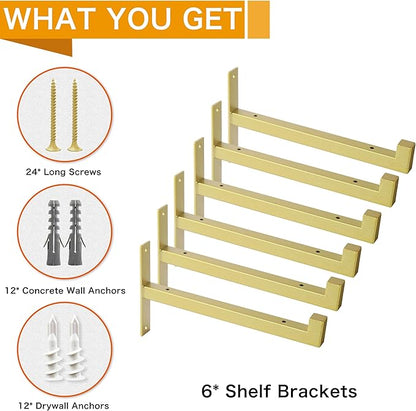 6 Pcs Heavy Duty Shelf Brackets 8 Inch Wall Mounted Industrial Metal Shelving Supports with Lip Gold