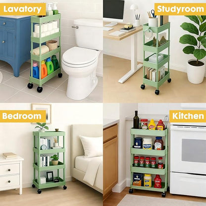 ShellKingdom 4 Tier Bathroom Storage Organizer, Slim Rolling Storage Cart for Narrow Space, Mobile Shelving Unit with Lockable Wheels and Hooks for Bathroom, Kitchen, Laundry Movable Shelf (Green)