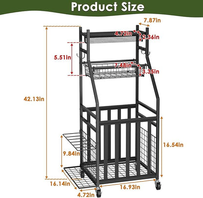 Sports Equipment Garage Organizer,Garage Ball Storage Rack with Elastic Straps,Small Rolling Ball Holder Cart with Wheels for Sports Gear,Indoor/Outdoor Toy Storage with Hooks and Baskets,BK