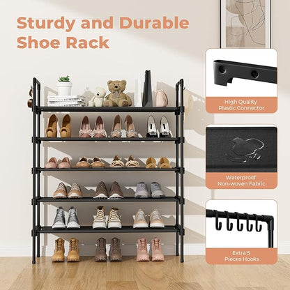 5 Tier Shoe Rack for Closet Shoe Organizer with 5 Hooks, Long Shoe Shelf Storage for Shoe and Boot Stackable Free Standing Shoe Rack for Entryway, Garage, Small Spaces, Dorm, Black