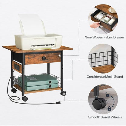 HOOBRO Printer Stand with Charging Station, 2-Tier Printer Cart, Under Desk Printer Table with Power Outlet, Wheeled Printer Table with Fabric Drawer, for Home Office, Rustic Brown and Black BF56UPS01