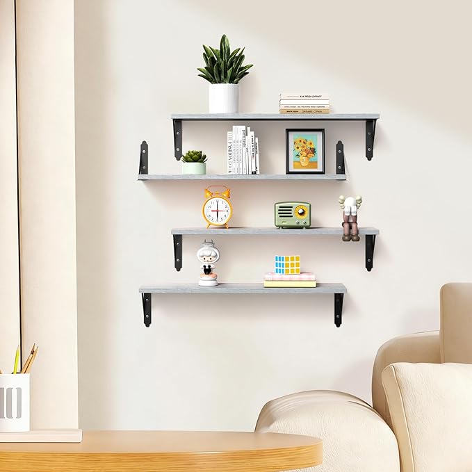Wood Floating Shelves Set of 4, Rustic Storage Decor Wall Shelves, Wall Mounted Shelf for Living Room, Bedroom 23.6" x 6", Light Grey