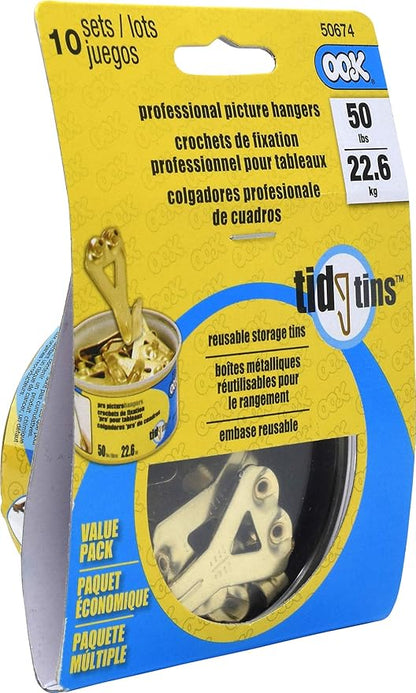 OOK 50674 Professional Picture Hangers, Reusable Art Hooks, Padded, Brass, 50lbs (10 Set) Gold