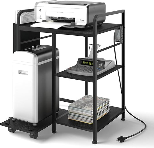 Home Printer Stand with Charging Station, 24x18 Inches Stands for Large Printer, Printer Shredder Stand with Storage for Home Office, Table for Fax Machine/PC Tower (Black)