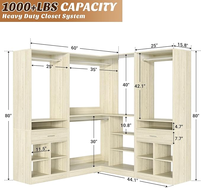 Unikito 86" Corner Closet System, Modular Closets Organizer with 4 Hanging Rods and 2 Drawers, Freestanding Adjustable Wood Clothes Garment Rack with Storage Shelves, White Oak