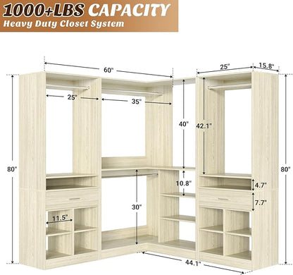 Unikito 86" Corner Closet System, Modular Closets Organizer with 4 Hanging Rods and 2 Drawers, Freestanding Adjustable Wood Clothes Garment Rack with Storage Shelves, White Oak