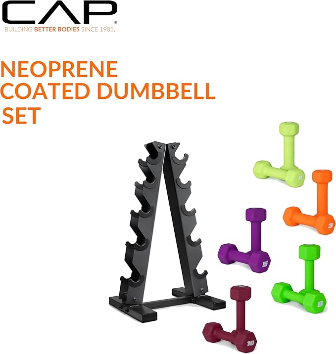 CAP Barbell 56 LB Set of Neoprene Dumbbells with Rack Color Series | 2, 3, 5, 8, 10 LB pairs