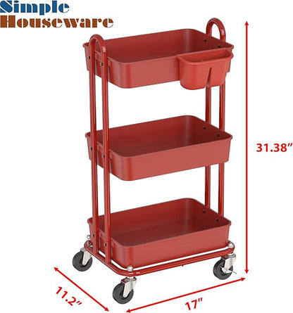 Simple Houseware 3-Tier Multifunctional Rolling Utility Cart with Hanging Bucket, Red
