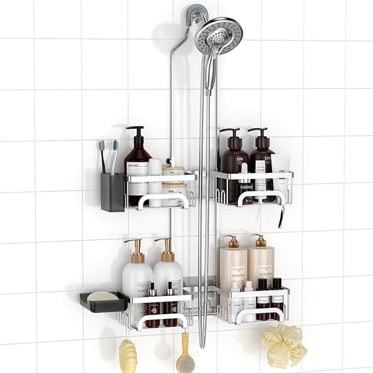 REINHARDT Adjustable Shower Caddy Hanging Split Shower Caddy for Handheld Showerheads, Rustproof Shower Organizer with Hooks for Razor Over the Head Caddy with Soap Holder Bathroom Accessories, Silver