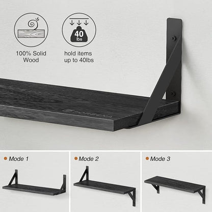 Forbena Large Floating Shelves for Wall 24 Inch Long Set of 3, 8 in Deep Wall Bookshelf for Bedroom Living Room, Wooden Heavy Duty Hanging Book Shelves for Office Kitchen Closet Storage (Black)