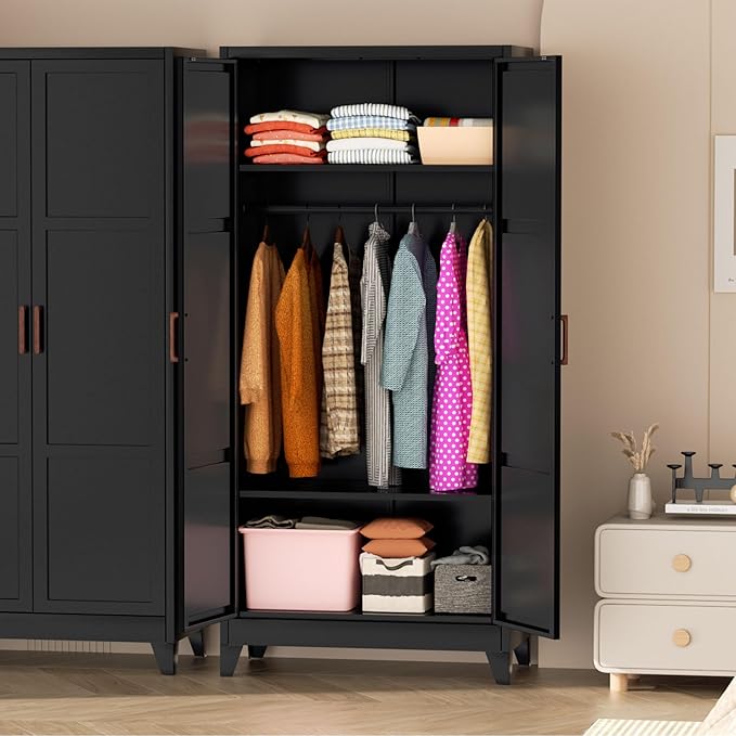 Bonusall 71" Metal Wardrobe,Steel Wardrobe Closet with Hanging Rod & Adjustable Shelves,Metal Storage Cabinet with 2 doors, Decorative Metal Closet with Handles for Bedroom,Home Office Entryway, Black