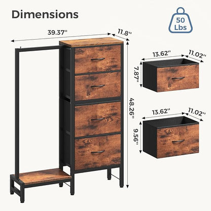 OLIXIS 4 in 1 Storage with Hanging Rack, Clothes Rack Shoes Rack, Bag Hook, Tall Storage Tower, Sturdy Frame for Bedroom Entryway Living Room Brown