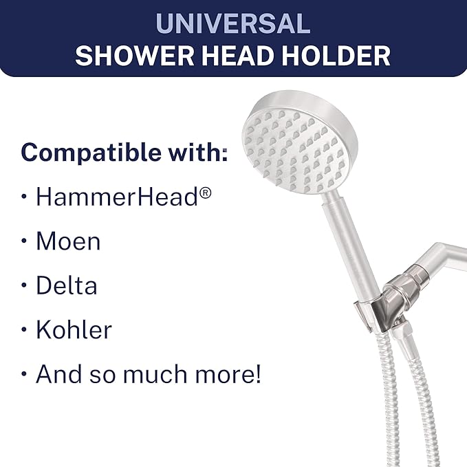 HammerHead Showers® Solid Metal Handheld Shower Head Holder - Brushed Nickel - Adjustable Shower Wand Holder with Universal Wall Hook Bracket and Brass Pivot Ball - Hand Held Shower Head Holder