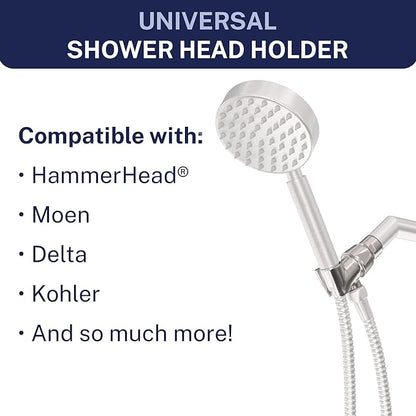 HammerHead Showers® Solid Metal Handheld Shower Head Holder - Brushed Nickel - Adjustable Shower Wand Holder with Universal Wall Hook Bracket and Brass Pivot Ball - Hand Held Shower Head Holder