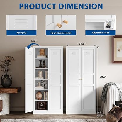 Metal Storage Cabinet-71” Tall Steel File Cabinets with Doors and 5 Adjustable Shelves-White Steel Storage Cabinet for Home,Kitchen, School, Office, Garage