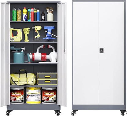 Metal Storage Cabinet with Wheels, Tall Garage Storage Cabinet with 4 Adjustable Shelves and 2 Doors, Lockable Tool Cabinet for Garage Home Office,Gym,School (White-Gray)