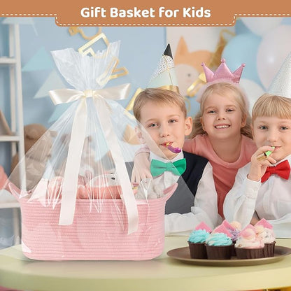 Large Empty Gift Baskets for Baby Shower, 16.5" L x 12.6" W x 7" H Cute Woven Storage Basket with Gift Bags and Ribbons, Small Rope Toy Basket with Handles, Cat Dog Pet Toy Organizer - Pink