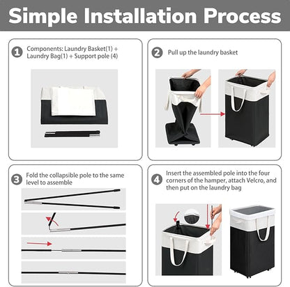 Goodpick Rolling Laundry Hamper with Wheels 75L, Black Laundry Hamper for Dirty Clothes, Collapsible Laundry Basket with Removable Wash, Black Laundry Basket with Wheels