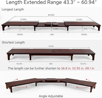 Nnewvante Large Dual Monitor Stand Riser, 60 inch Bamboo Monitor Stand with Adjustable Length and Angle, 3 Shelves Desktop Screen Riser for Computer Laptop PC, Walnut
