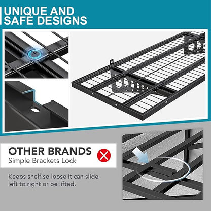 2-Pack 1.5×3.8ft(18×45.6 inch) Garage Wall Shelving, 500 lbs Load Capacity, Garage Wall Mounted Shelves, Heavy Duty Shelf with Hooks, Black
