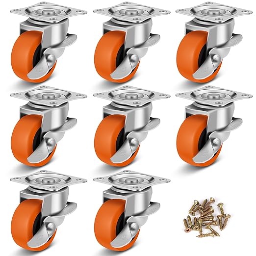 Caster Wheels, 1.5 Inch Casters Set of 8, Heavy Duty Caster with Brake, Locking Castors with Polyurethane Wheel,Small Plate Swivel Castor Wheels for Furniture Carts，Luggage, Pack of 8