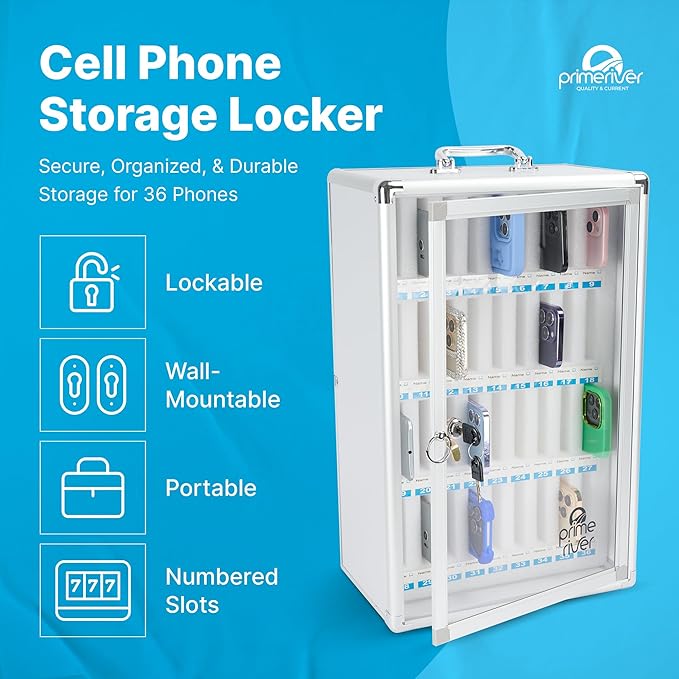 Cell Phone Locker for Classroom, Gym & Office | Secure Aluminum Storage Cabinet – 36 Slots | Portable & Wall-Mounted Organizer