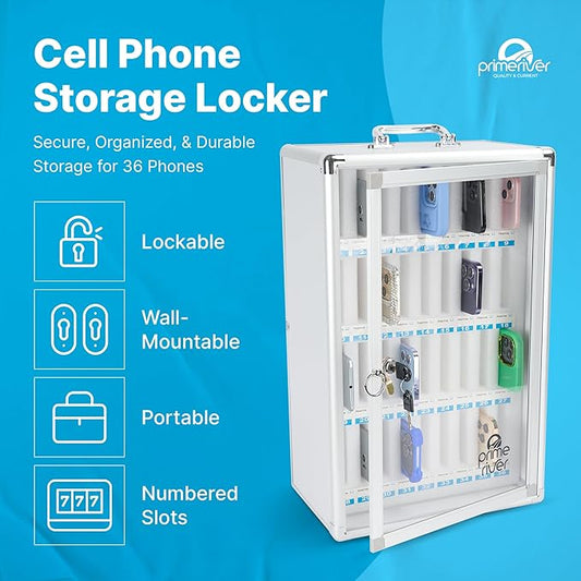 Cell Phone Locker for Classroom, Gym & Office | Secure Aluminum Storage Cabinet – 36 Slots | Portable & Wall-Mounted Organizer