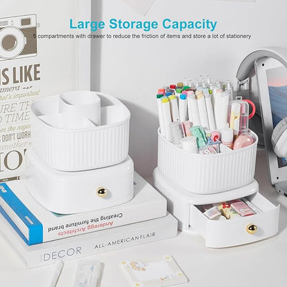 Pencil Pen Holder with Drawer, 5 Slots 360 Degree Rotating Pen Organizer For Desk, Desktop School Supplies Desk Accessories for Office School Home Art Supply White