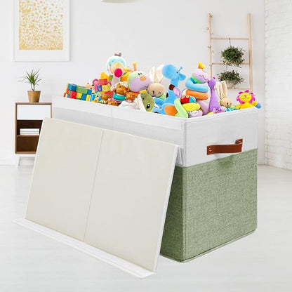 Large Toy Storage Box with Lid, Sturdy Toys Storage Chest Bin Organizer Basket with Dividers for Kids, Boys, Girls, Nursery, Closet, Bedroom, Playroom 25"x13" x16" (Green and White)