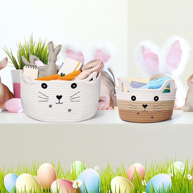Zopeal Cat Basket Storage Woven Organizer with Ears Easter Decorative Gift Pet Toy Cute Cotton Rope Basket for Gift Cat Dog Toy Bin Nursery Room(8.3 x 4.7 Inch,White Khaki Brown)
