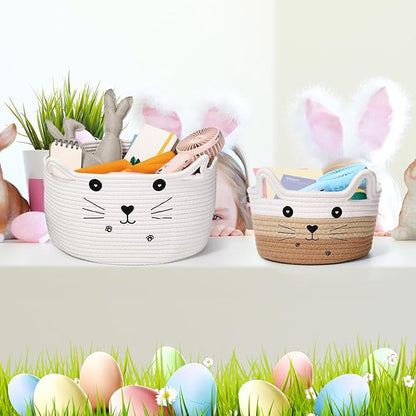 Zopeal Cat Basket Storage Woven Organizer with Ears Easter Decorative Gift Pet Toy Cute Cotton Rope Basket for Gift Cat Dog Toy Bin Nursery Room(8.3 x 4.7 Inch,White Khaki Brown)